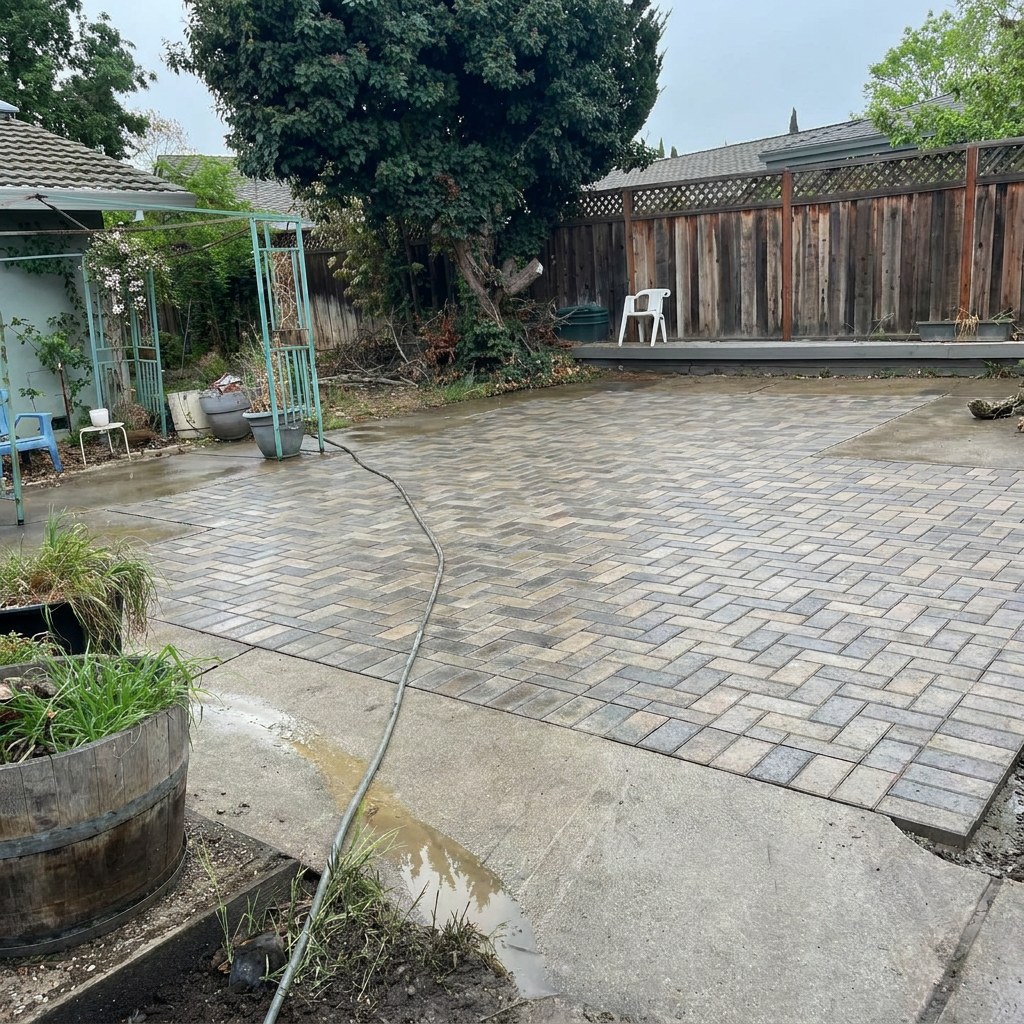AI design preview of the same backyard finished with interlocking pavers